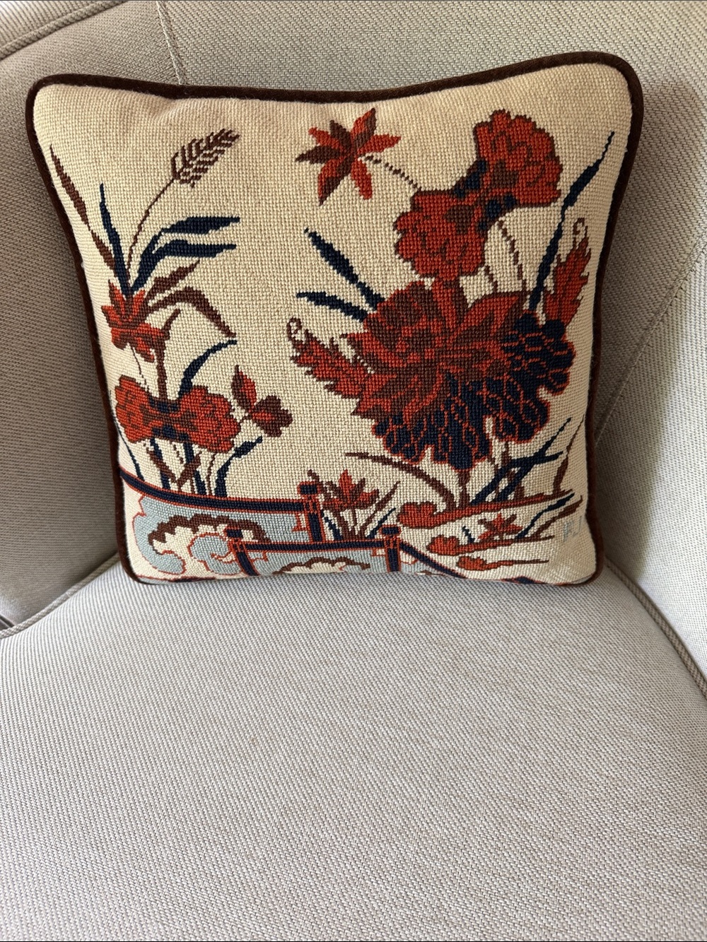 VTG  Chinoiserie Needlepoint Accent Pillow – Velvet Back, Floral & Garden Motif